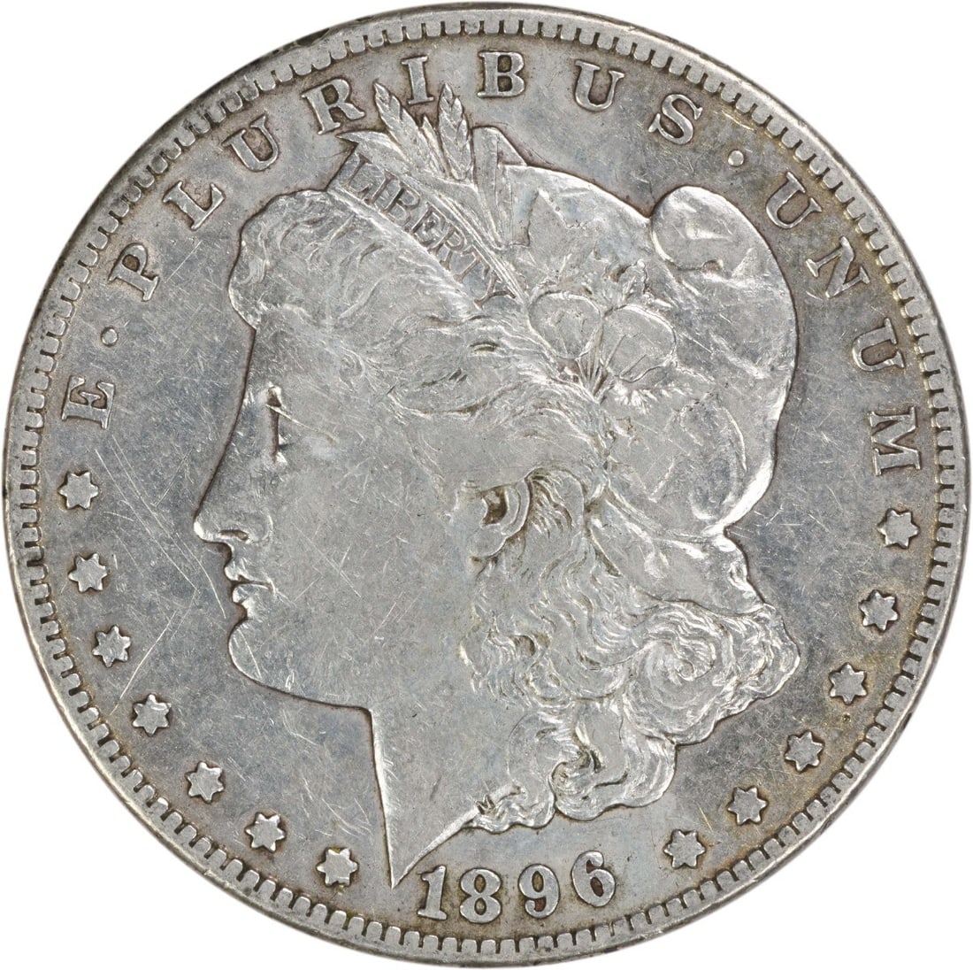 1896 San Francisco Morgan Dollar 90 Percent Silver VF Uncertified: 1896 San Francisco Morgan Dollar 90 Percent Silver VF Uncertified This 1896-S Morgan Silver Dollar is a circulated coin from the San Francisco Mint, graded as Very Fine (VF). Designed by George T. Mor