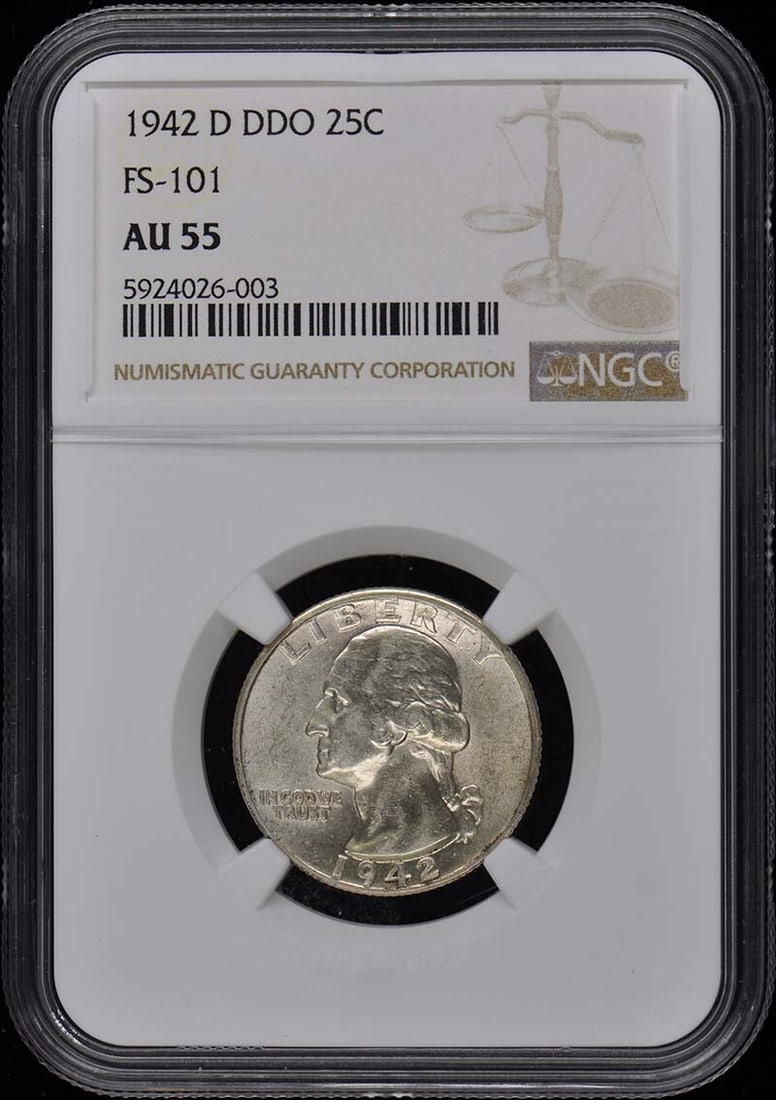 1942-D DDO Washington Quarter NGC AU55 Certified Coin: 1942-D DDO Washington Quarter NGC AU55 Certified Coin This 1942-D DDO Washington Quarter is a certified piece by NGC with a grade of AU55. Minted in Denver, this quarter showcases the distinctive desi