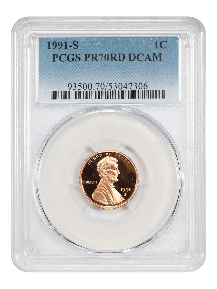 PCGS PR70RD DCAM 1991-S Lincoln 1C Modern Cent: PCGS PR70RD DCAM 1991-S Lincoln 1C Modern Cent 1991-S Lincoln Cent (Modern) in uncirculated condition, certified by PCGS with a PR70RD DCAM grade. The coin is identified as a 1C issue from the San Fra