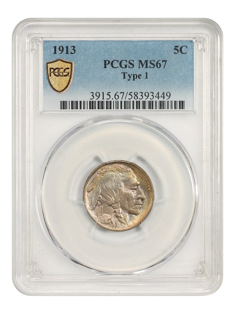 PCGS MS67 1913 Buffalo Nickel 5C Type 1 Philadelphia: PCGS MS67 1913 Buffalo Nickel 5C Type 1 Philadelphia 1913 Buffalo Nickel Type 1 5C from the Philadelphia Mint, certified by PCGS as MS67. This uncirculated one-year type coin features frosty luster an