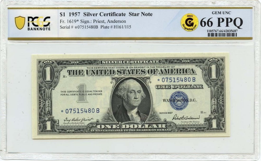 1957 $1 Silver Certificate FR#1619* PCGS MS66 Gem Uncirculated: 1957 $1 Silver Certificate FR#1619* PCGS MS66 Gem Uncirculated This 1957 $1 Silver Certificate (FR#1619*) is certified by PCGS as a Gem 66 PPQ, ensuring its exceptional quality. The banknote is uncirc
