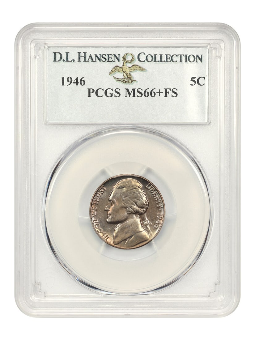 PCGS MS66+ FS 1946 Jefferson Nickel 5C ex D.L. Hansen: PCGS MS66+ FS 1946 Jefferson Nickel 5C ex D.L. Hansen 1946 Jefferson Nickel certified by PCGS and graded MS66+ FS. It is an uncirculated Philadelphia issue with certification number 37000150. The coin