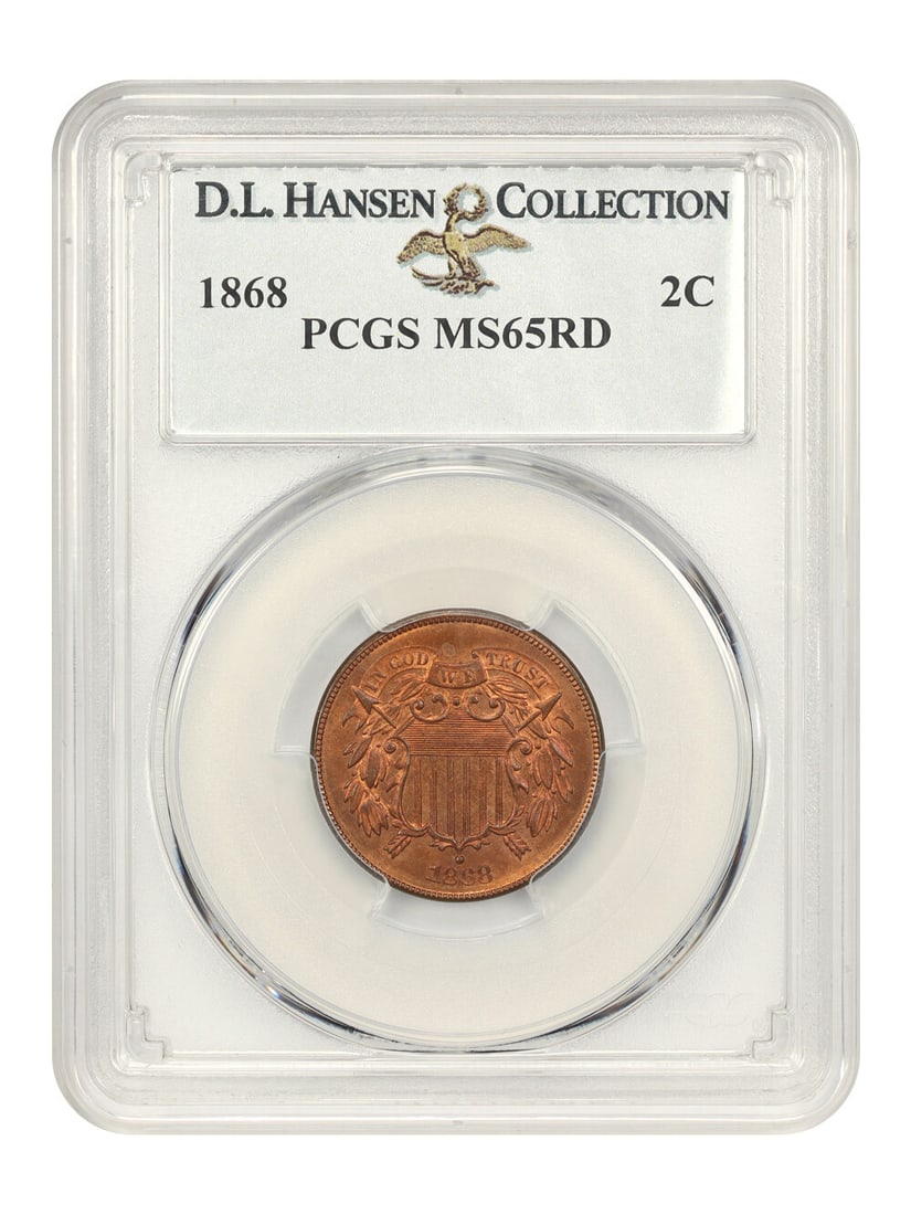 PCGS MS65RD 1868 Two Cent Coin ex D.L. Hansen: PCGS MS65RD 1868 Two Cent Coin ex D.L. Hansen 1868 Two Cent coin certified by PCGS and graded MS65RD. This uncirculated Philadelphia issue is presented in a protective holder and is noted for its fres