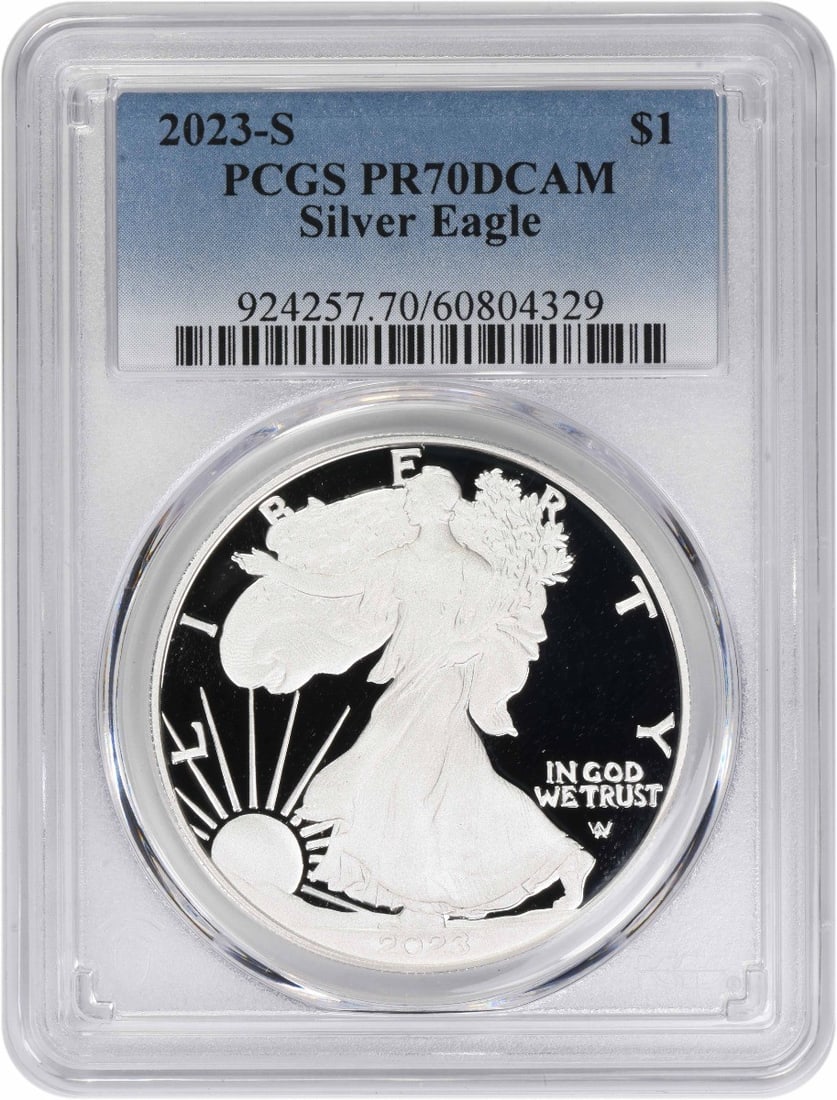 PCGS PR70DCAM Proof 2023-S American Silver Eagle 1 oz Coin: PCGS PR70DCAM Proof 2023-S American Silver Eagle 1 oz Coin This 2023-S $1 American Silver Eagle is a proof coin certified by PCGS with a perfect PR70 Deep Cameo grade. Struck at the U.S. Mint in San F