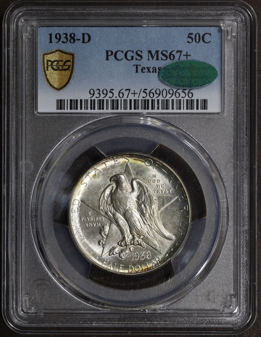 Texas 1938-D Silver Half Dollar PCGS MS67 Plus CAC Certified: Texas 1938-D Silver Half Dollar PCGS MS67 Plus CAC Certified This 1938-D Texas Commemorative Half Dollar is an un-used, pre-owned coin certified by PCGS and CAC. Struck in 90% silver at the Denver Min