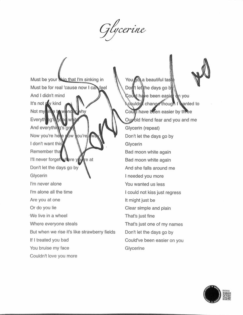 Beckett authenticated Gavin Rossdale signed Glycerine lyric sheet: Beckett authenticated Gavin Rossdale signed Glycerine lyric sheet This item is a printed lyric sheet for the song "Glycerine," personally hand-signed by Gavin Rossdale, the lead vocalist and guitarist