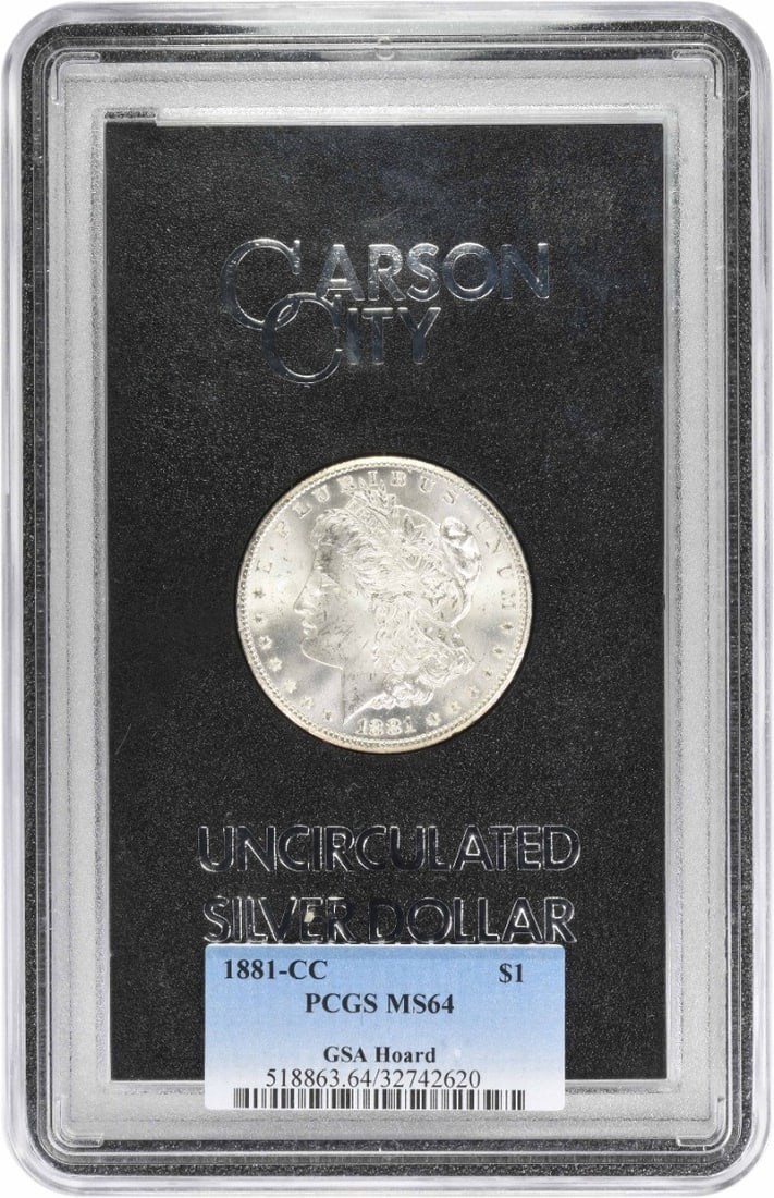 PCGS MS64 GSA Carson City 1881 Morgan Silver Dollar: PCGS MS64 GSA Carson City 1881 Morgan Silver Dollar This 1881-CC Morgan Silver Dollar is graded MS64 by PCGS and comes housed in a GSA holder. Struck at the Carson City Mint, this uncirculated coin is