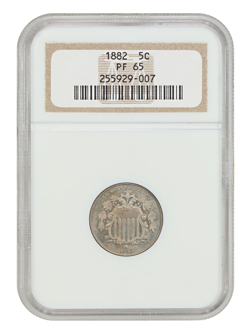 NGC PR65 1882 Shield Nickel 5C Proof Coin: NGC PR65 1882 Shield Nickel 5C Proof Coin 1882 Shield Nickel 5C graded PR65 by NGC. This uncirculated proof coin was struck in Philadelphia and comes certified with certification number 255929007. It 