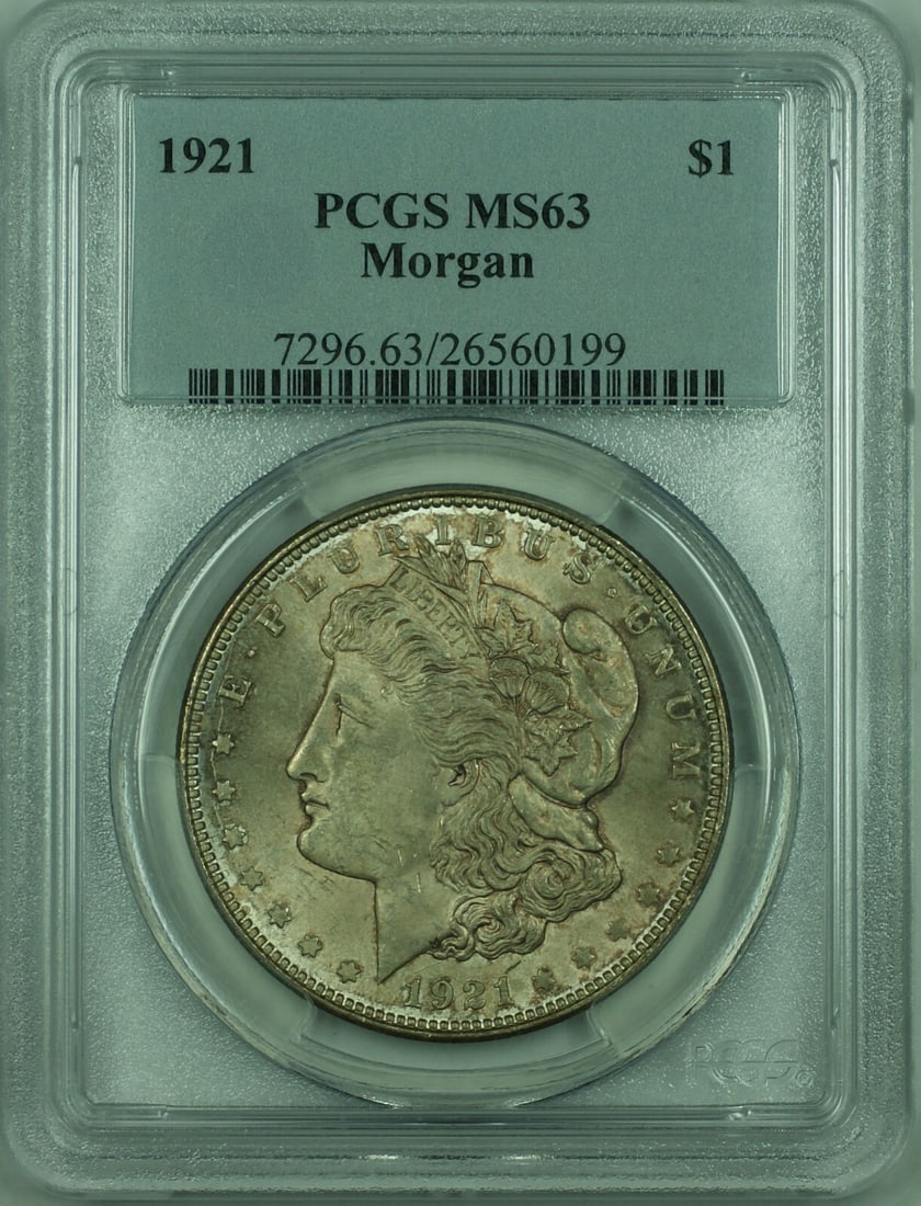 PCGS MS-63 1921 Morgan Dollar Silver Coin Toned $1: PCGS MS-63 1921 Morgan Dollar Silver Coin Toned $1 This is a 1921 Morgan Silver Dollar $1 coin, certified by PCGS with a grade of MS-63. The coin is uncirculated and features natural toning. It was mi