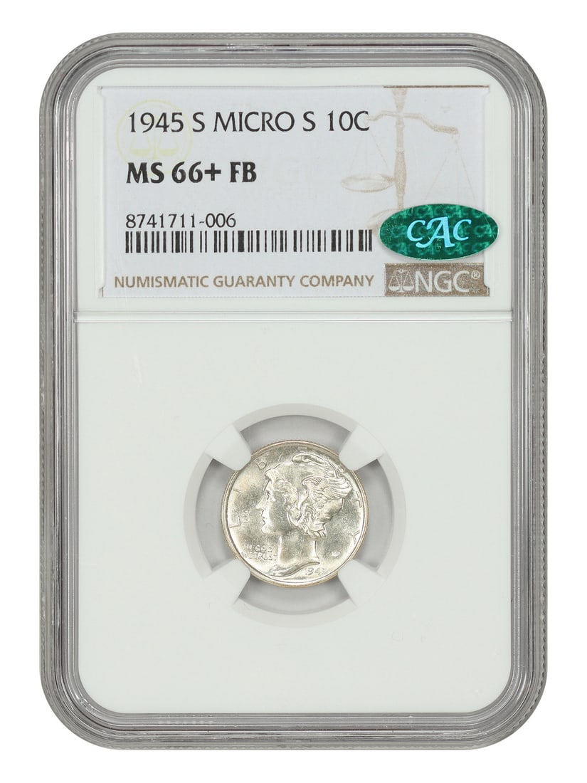 1945-S Mercury Dime 10C Micro S Variety NGC CAC MS66+FB: 1945-S Mercury Dime 10C Micro S Variety NGC CAC MS66+FB 1945-S Mercury Dime in MS66+FB grade, certified by NGC/CAC. This San Francisco issue is noted for its Micro S variety, with the S significantly 