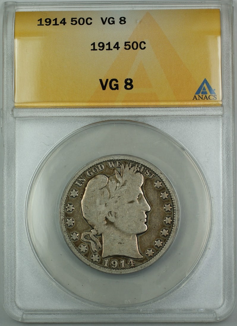 ANACS VG-8 1914 Barber Half Dollar Silver Coin: ANACS VG-8 1914 Barber Half Dollar Silver Coin This 1914 Barber Silver Half Dollar is graded VG 8 (Very Good) by ANACS and has been circulated. It was minted in Philadelphia and is composed of silver.