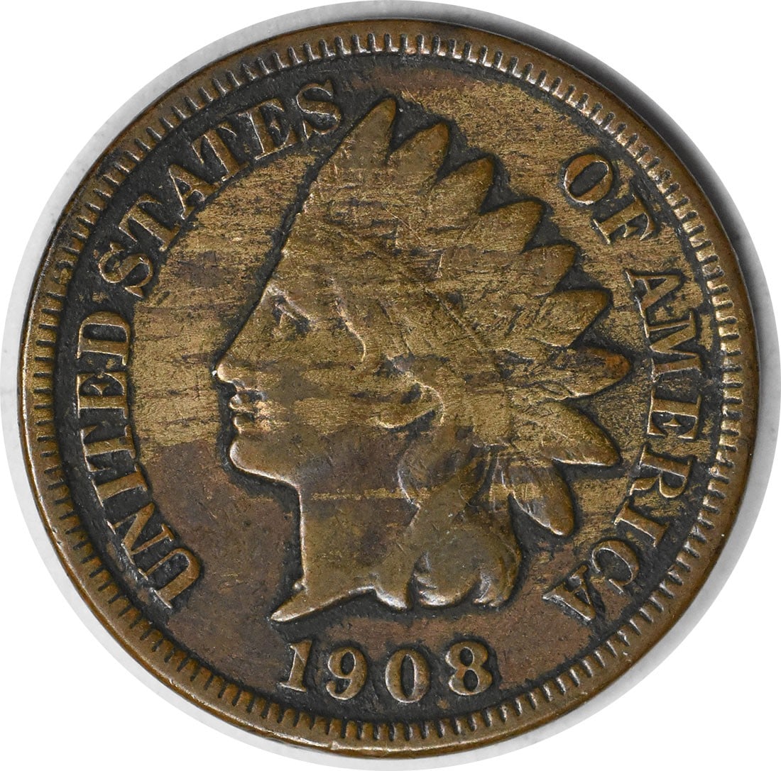 1908 S Indian Head copper small cent F: 1908 S Indian Head copper small cent F This is a 1908 Indian Head Cent from the United States, featuring the classic Native American profile with a feathered headdress. The coin is composed of copper,