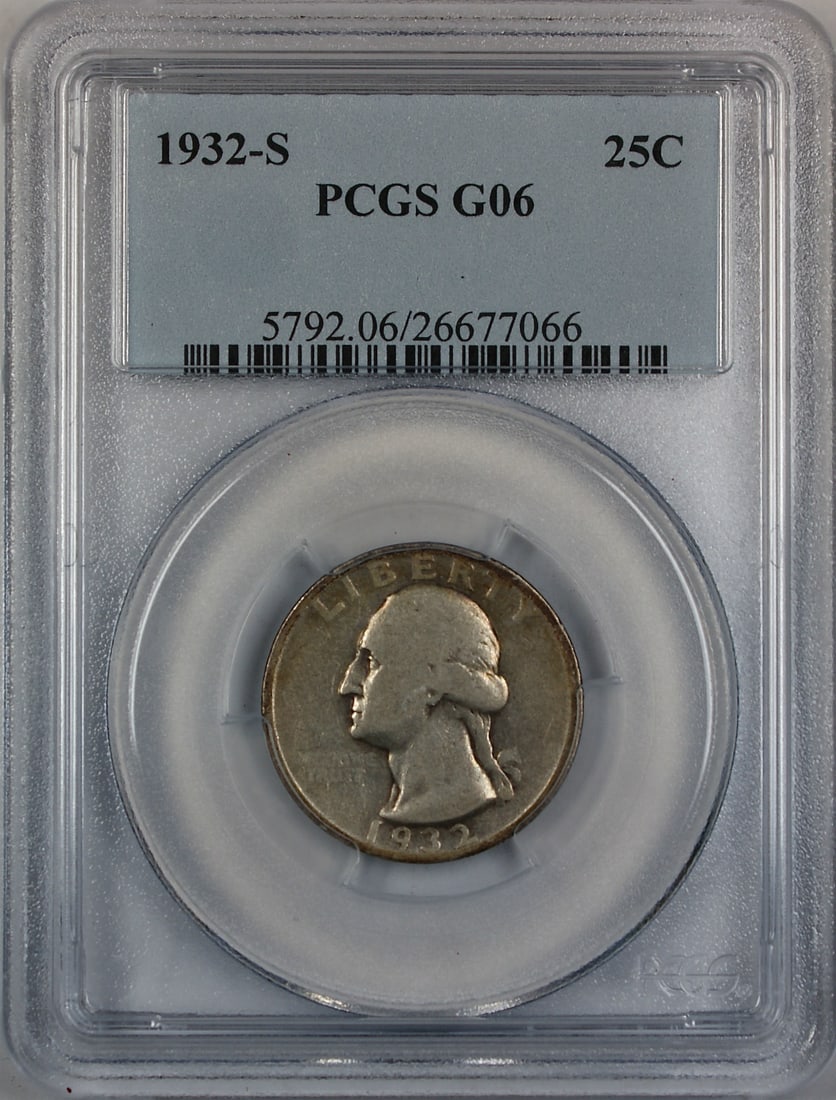PCGS G06 1932-S Washington Quarter Silver Coin: PCGS G06 1932-S Washington Quarter Silver Coin This 1932-S Silver Washington Quarter is graded G-06 by PCGS and is a circulated coin from the first year of the Washington Quarter design. It is conside