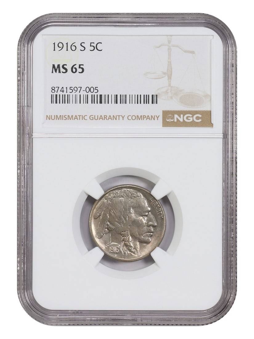 NGC MS65 1916-S Buffalo Nickel 5C: NGC MS65 1916-S Buffalo Nickel 5C 1916-S Buffalo Nickel certified by NGC and graded MS65. This uncirculated 5C coin from the San Francisco mint is described as a lustrous, high-end example. Condition: