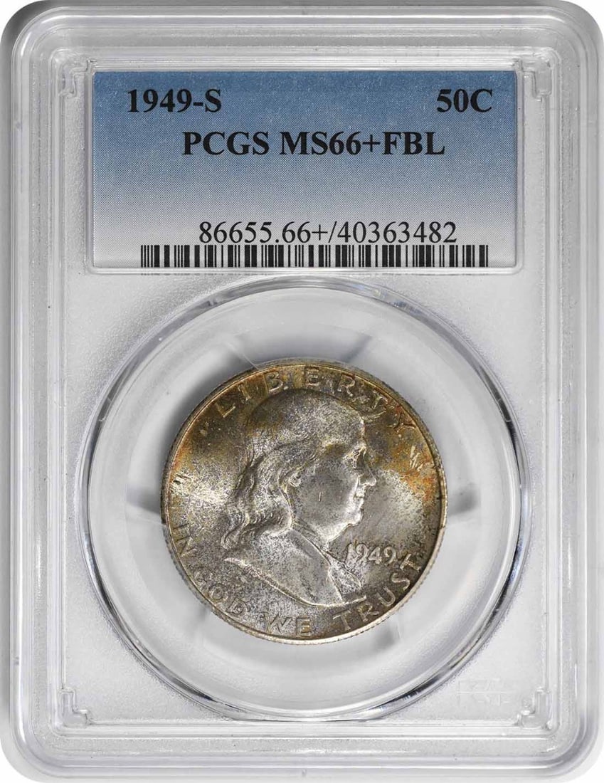 1949-S Franklin Silver Half Dollar MS66+FBL PCGS Certified: 1949-S Franklin Silver Half Dollar MS66+FBL PCGS Certified This 1949-S Franklin Silver Half Dollar is a stunning piece, graded MS66+FBL by PCGS, ensuring its exceptional quality and eye appeal. Struck