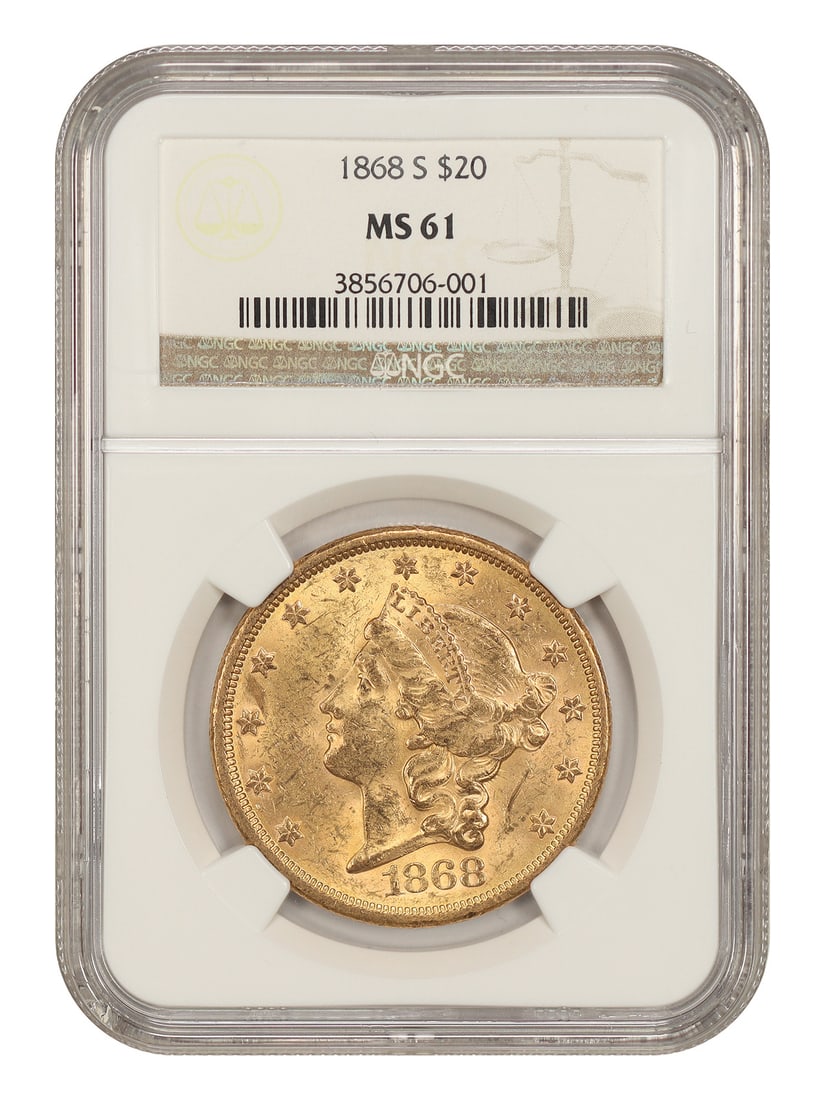 NGC MS61 1868-S Liberty Head $20 Gold Coin: NGC MS61 1868-S Liberty Head $20 Gold Coin 1868-S $20 Liberty Head Twenty certified by NGC in MS61. This uncirculated San Francisco issue is described as a moderately underrated Type 2 Liberty Twenty 
