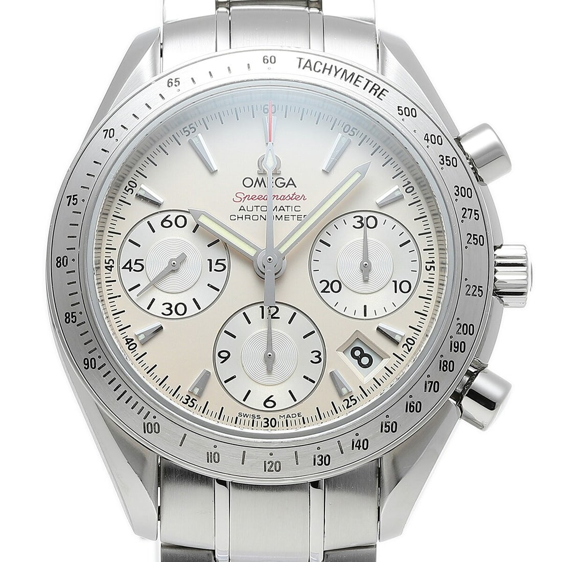 Omega Speedmaster Date 40mm Automatic Chronograph Silver Dial: Omega Speedmaster Date 40mm Automatic Chronograph Silver Dial This OMEGA Speedmaster Date 323.10.40.40.02.001 is a men's Swiss wristwatch featuring a stainless steel case, bezel, bracelet, and buckle.