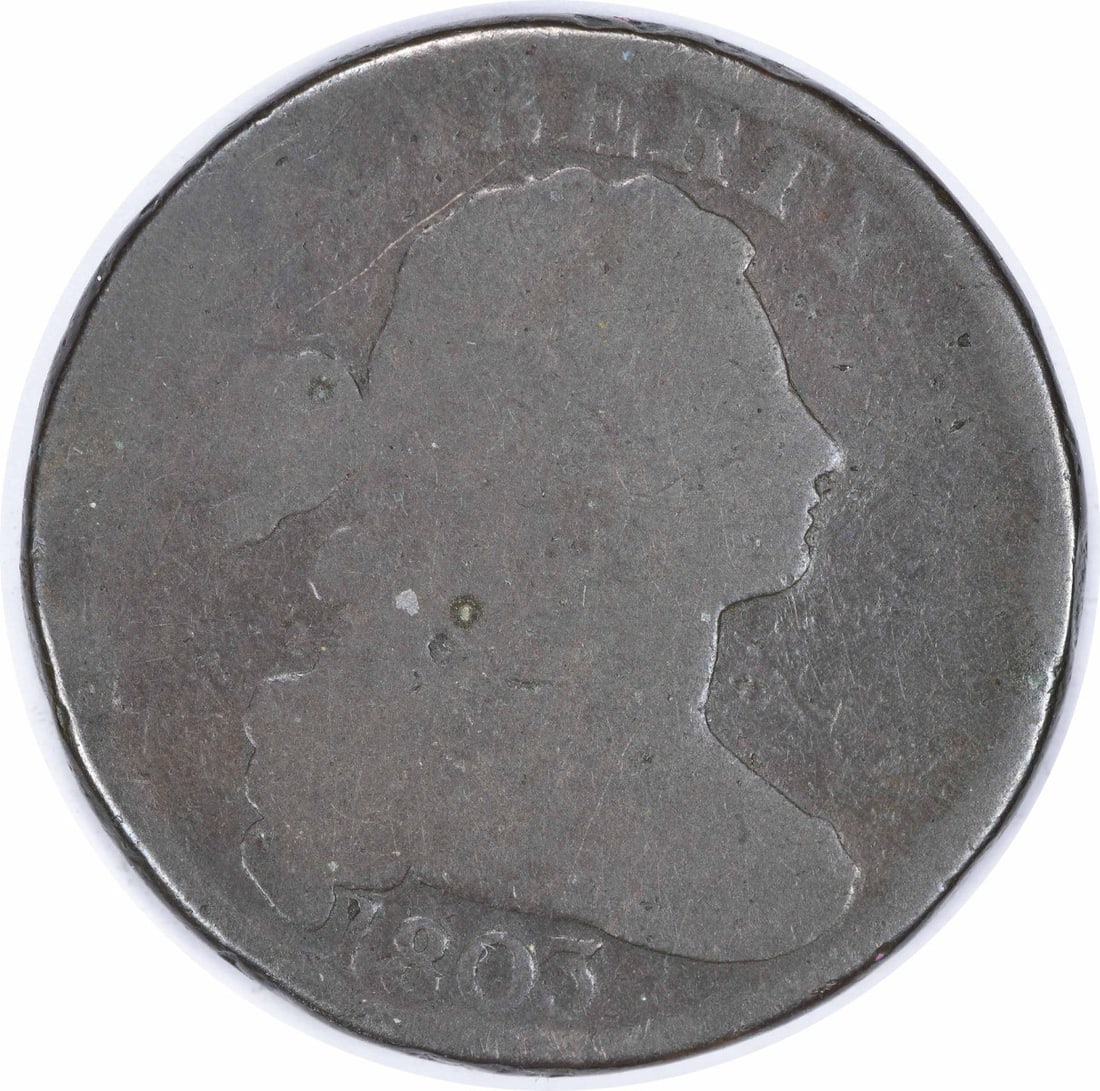 1803 Draped Bust Large Cent Coin by Robert Scot: 1803 Draped Bust Large Cent Coin by Robert Scot This 1803 Large Cent features the Draped Bust design, created by renowned designer Robert Scot. The coin is made of copper and has a diameter of 28.00 m