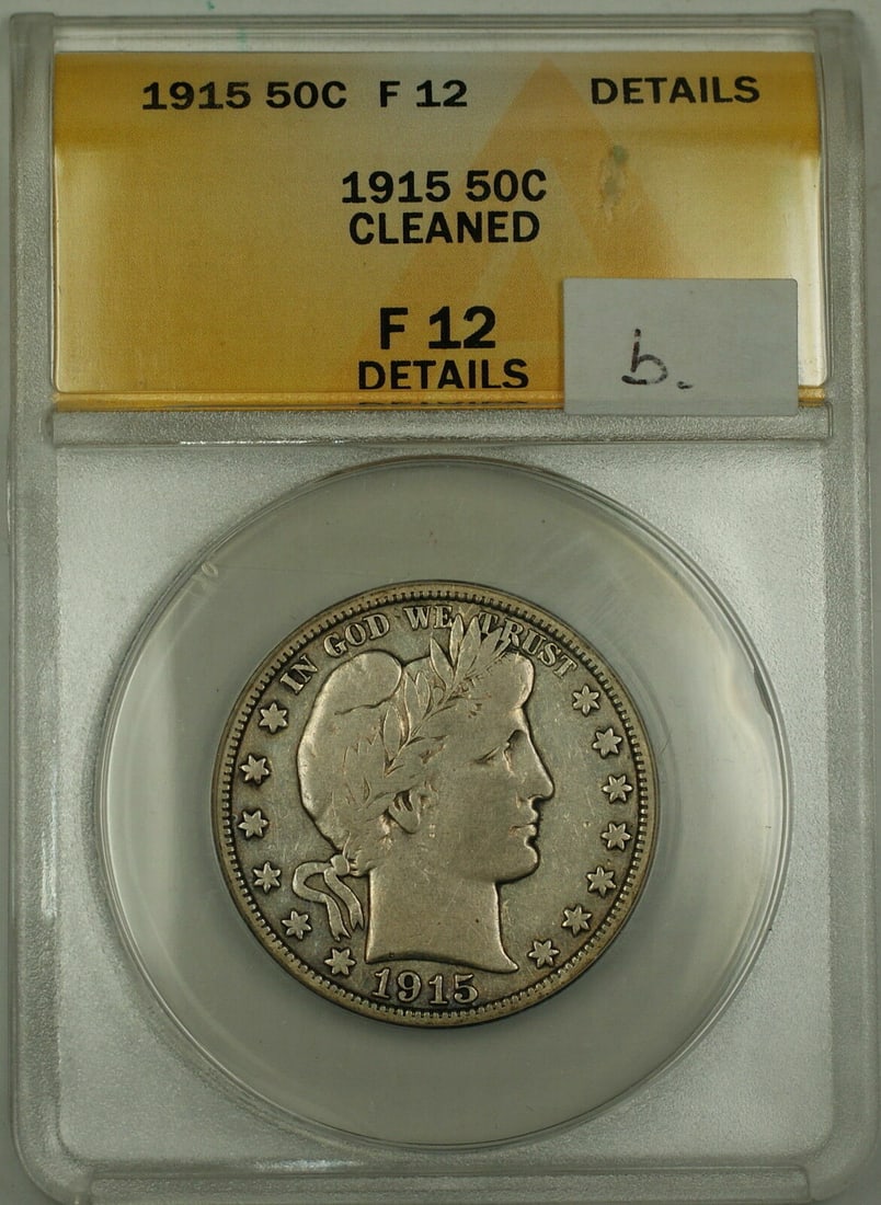 ANACS F12 Details 1915 Barber Half Dollar Silver Coin: ANACS F12 Details 1915 Barber Half Dollar Silver Coin This 1915 Barber Silver Half Dollar is a circulated coin from the United States, graded F-12 Details by ANACS. The coin has been noted as cleaned 