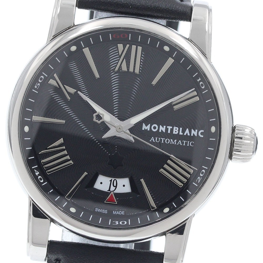 Montblanc Star 7102 automatic date men's wristwatch: Montblanc Star 7102 automatic date men's wristwatch This Montblanc Star Date Automatic men's wristwatch features a stainless steel case paired with a black dial and a leather strap. The watch is power