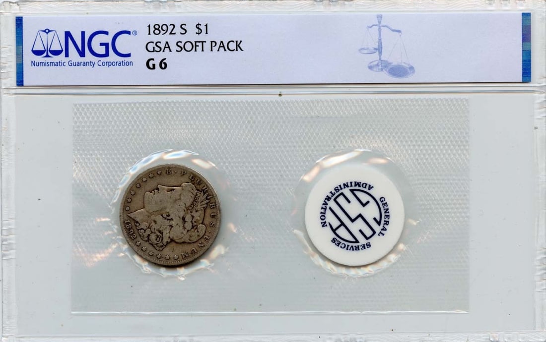 San Francisco 1892 Silver Morgan Dollar GSA Soft Pack NGC G6: San Francisco 1892 Silver Morgan Dollar GSA Soft Pack NGC G6 This is an 1892-S Morgan Dollar housed in a GSA soft pack and certified by NGC with a grade of G6. The coin was minted in San Francisco, is