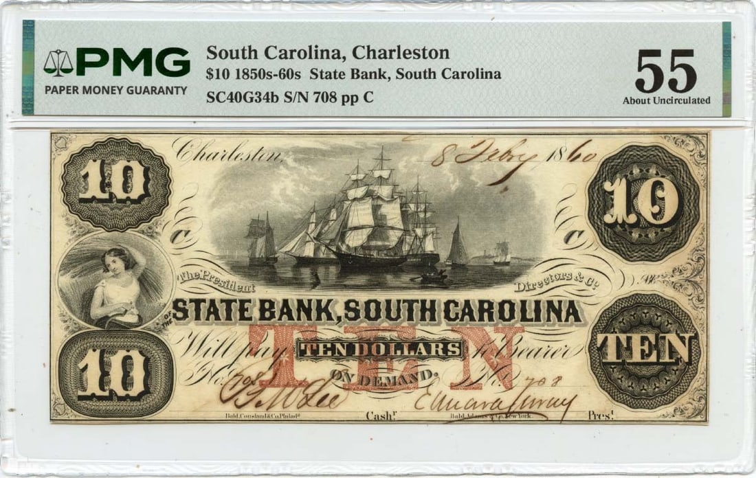 State Bank Charleston 1860 Obsolete Ten Dollar Note PMG AU55: State Bank Charleston 1860 Obsolete Ten Dollar Note PMG AU55 This is an 1860 ten dollar obsolete note from Charleston, South Carolina, issued by the State Bank. The note is certified by PMG with a gra