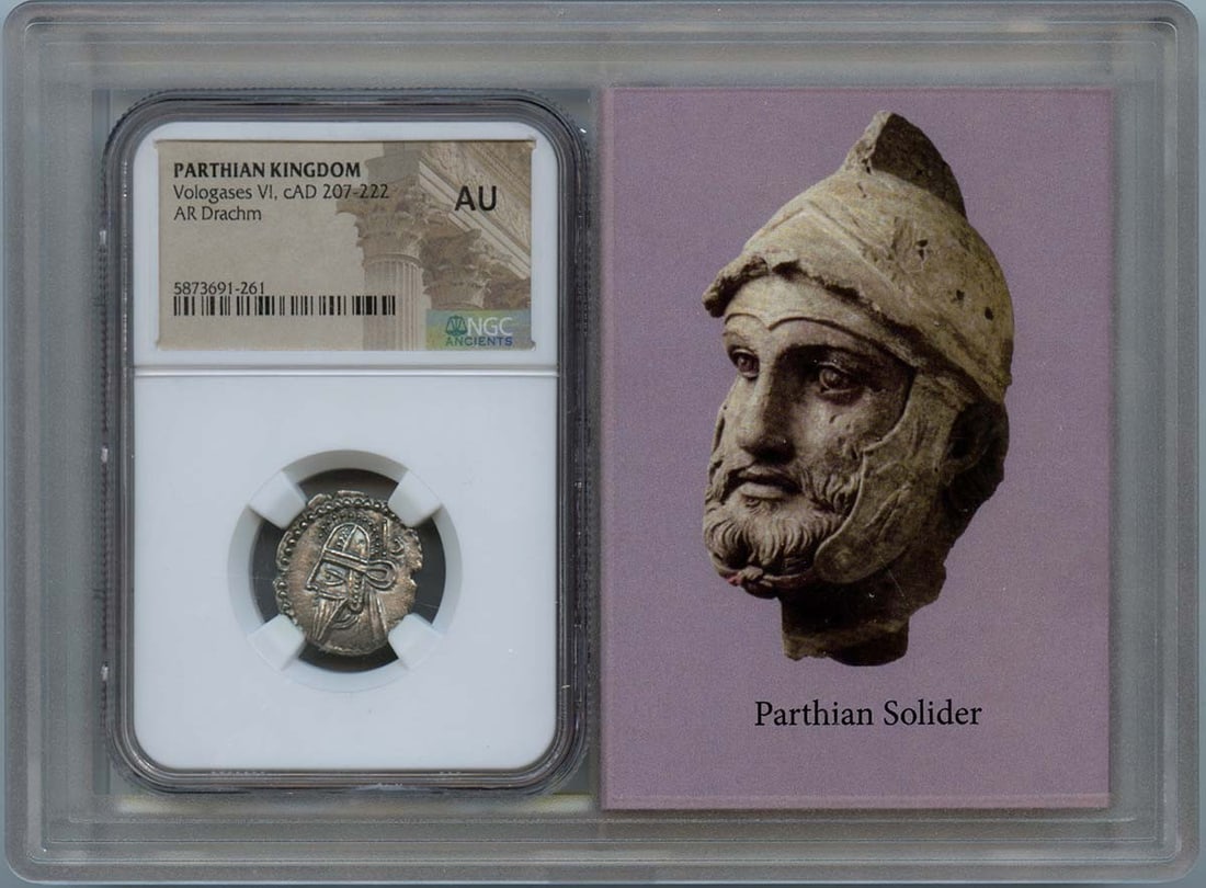NGC AU50 Parthian AR Drachm Vologases VI cAD 207-222: NGC AU50 Parthian AR Drachm Vologases VI cAD 207-222 This is a Parthian AR Drachm from the reign of Vologases VI, dating to approximately AD 207-222. The coin is certified by NGC and has been graded A