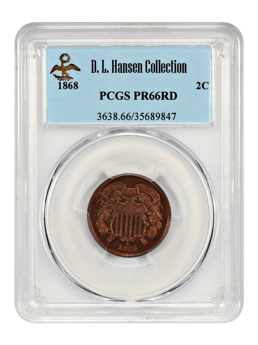 1868 Two Cent PCGS PR66RD Proof Coin ex D.L. Hansen: 1868 Two Cent PCGS PR66RD Proof Coin ex D.L. Hansen 1868 Two Cent proof graded PCGS PR66RD, certified number 35689847, from the Philadelphia Mint. This uncirculated example is described as a low minta