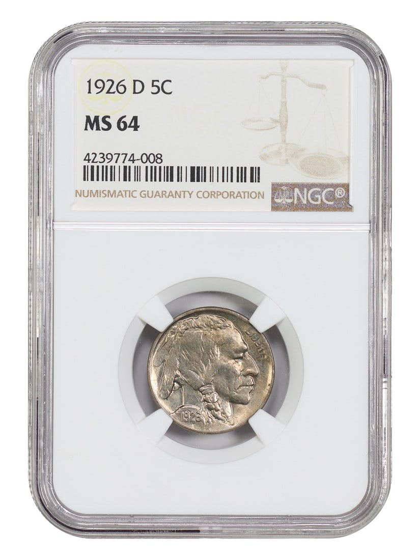 Buffalo Nickel 1926 D 5C NGC MS64: Buffalo Nickel 1926 D 5C NGC MS64 This 1926-D Buffalo Nickel is an uncirculated Denver issue certified by NGC. The piece is noted as having a weak strike and being very poorly defined on the reverse, 