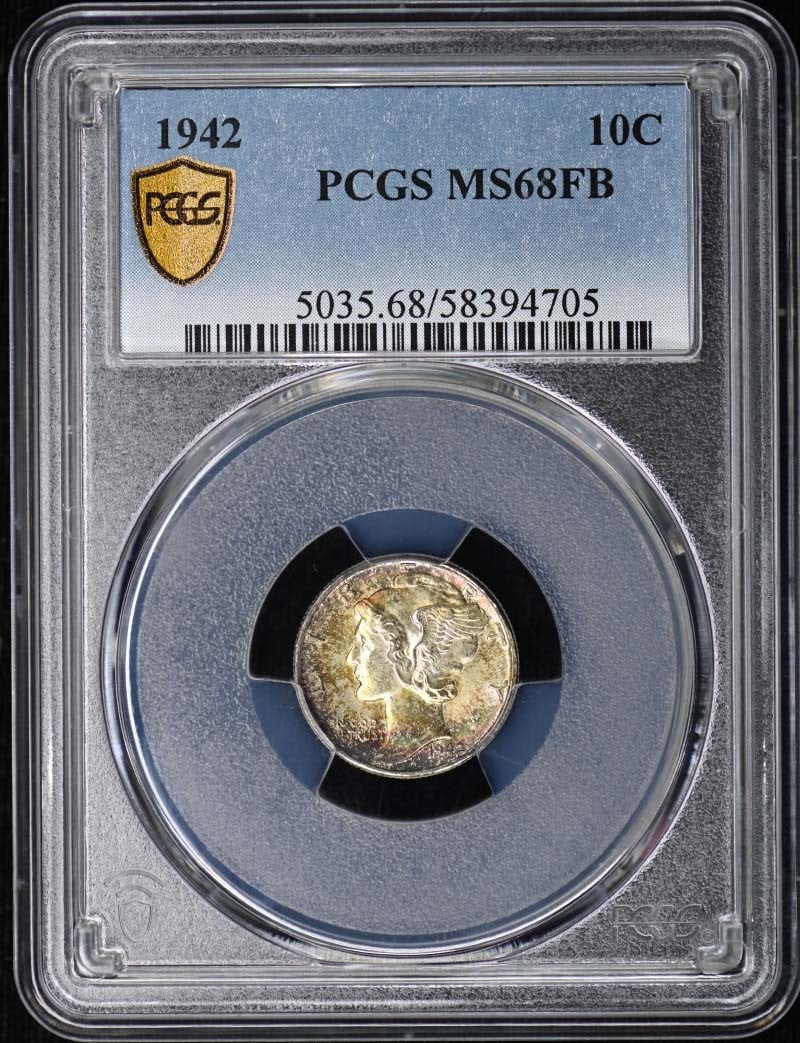 PCGS MS68FB 1942 Mercury Dime Philadelphia 10C: PCGS MS68FB 1942 Mercury Dime Philadelphia 10C This is a 1942 Mercury Dime graded MS68FB by PCGS. The coin is uncirculated and originates from the Philadelphia Mint. It features the Full Bands (FB) de