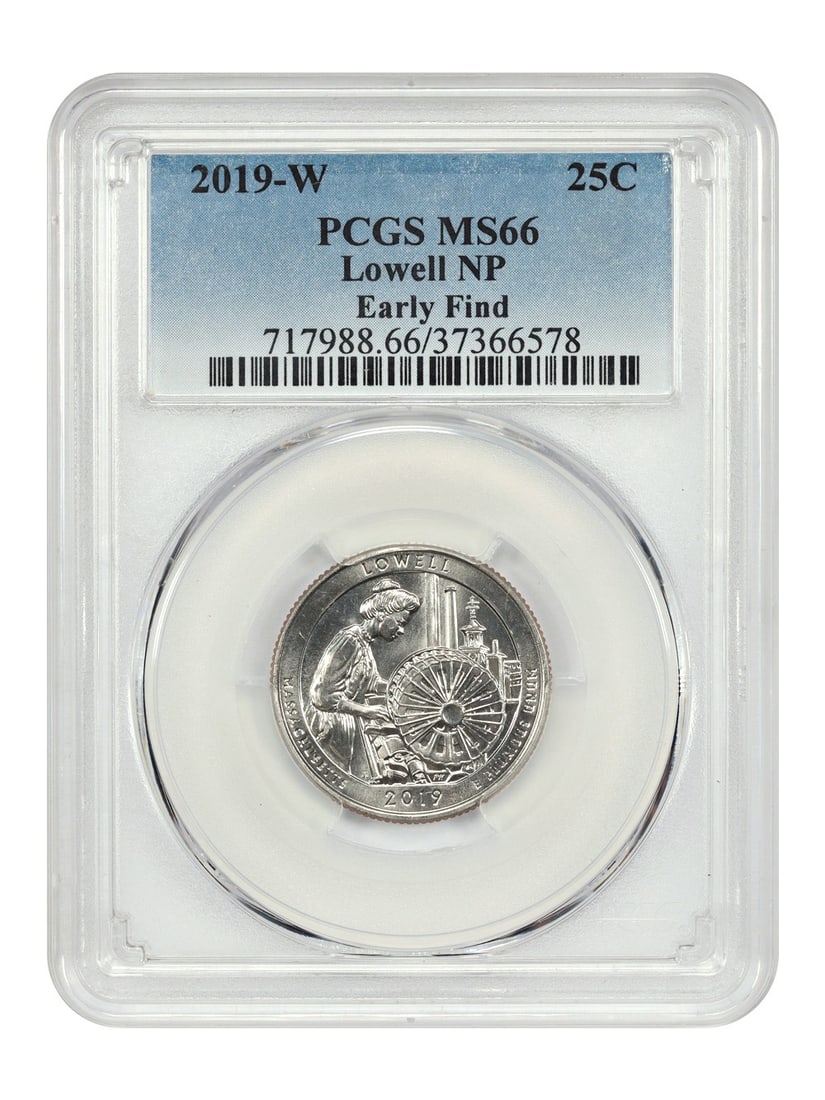 PCGS MS66 Early Find 2019-W Lowell NP 25C Type 1 Clad: PCGS MS66 Early Find 2019-W Lowell NP 25C Type 1 Clad 2019-W 25C Lowell NP coin graded PCGS MS66 with an Early Find designation. It is identified as Type 1 and Clad, with denomination 25C and year 201