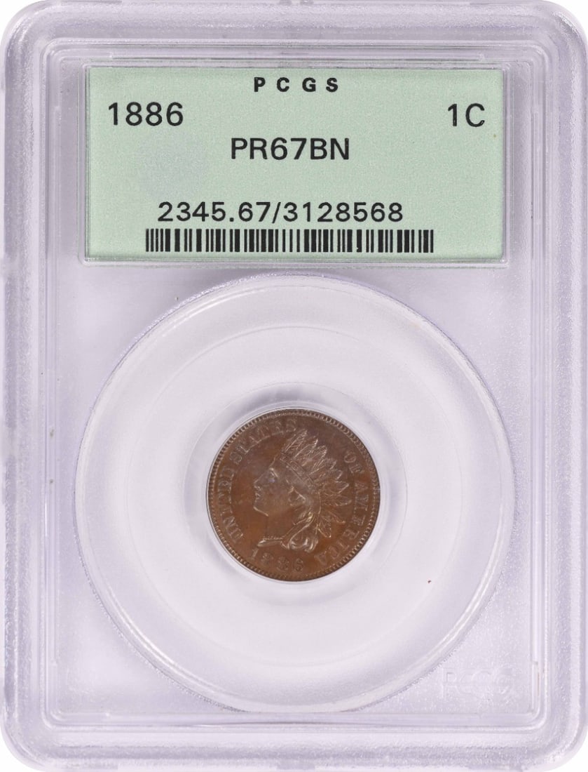 PCGS PR67BN 1886 Indian Head Copper Small Cent: PCGS PR67BN 1886 Indian Head Copper Small Cent This 1886 Indian Head Cent is a proof coin graded PR67BN by PCGS. It features a copper composition and was struck without a mint mark. This pre-owned coi