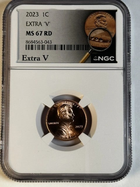 2023 Lincoln VDB Penny NGC MS-67 RD Extra V: 2023 Lincoln VDB Penny NGC MS-67 RD Extra V This 2023 VDB Lincoln Penny is graded MS-67 RD by NGC and features the extra "V" variety. The coin is composed of copper, uncirculated, and originates from 