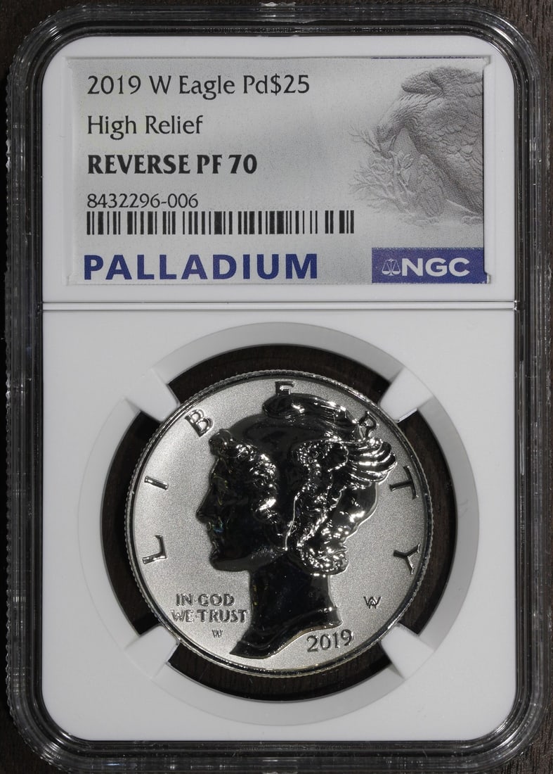 NGC PF70 2019-W Reverse Proof Palladium Eagle 1 oz $25 Coin: NGC PF70 2019-W Reverse Proof Palladium Eagle 1 oz $25 Coin 2019-W Reverse Proof 1 oz Palladium Eagle Pd$25 coin certified by NGC. It is a pre-owned U.S. Mint issue from the United States, struck in p