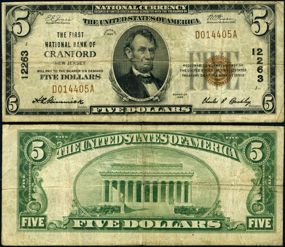 1929 T-1 $5 National Bank Note Cranford NJ Ch #12263 Circulated: 1929 T-1 $5 National Bank Note Cranford NJ Ch #12263 Circulated This $5 National Bank Note from Cranford, NJ, is a 1929 T-1 issue, featuring a grade of Fine+. The note has been circulated and shows ev