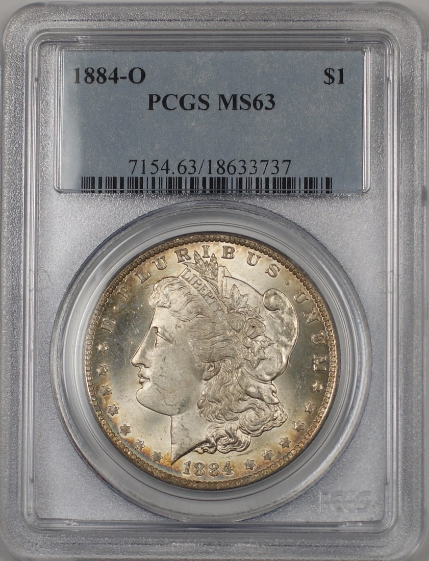 PCGS MS-63 1884-O Morgan Dollar Silver $1 Coin New Orleans Toned: PCGS MS-63 1884-O Morgan Dollar Silver $1 Coin New Orleans Toned This is an 1884-O Morgan Silver Dollar coin from the United States. Certified by PCGS with a grade of MS 63, this uncirculated coin fea