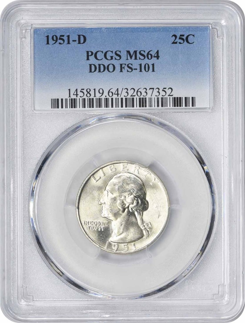 PCGS MS64 1951-D DDO FS-101 Washington Quarter 90% Silver Coin: PCGS MS64 1951-D DDO FS-101 Washington Quarter 90% Silver Coin This 1951-D Washington Quarter is composed of 90% silver and 10% copper. Struck in Denver, it features the DDO FS-101 designation and has