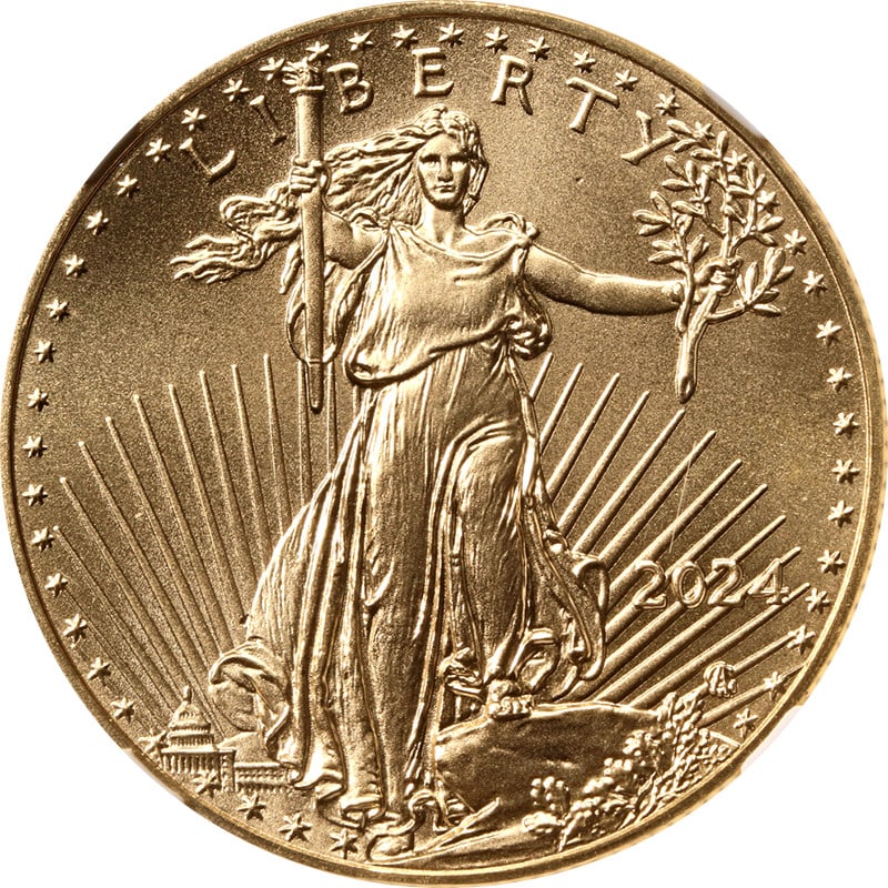 NGC MS70 2024 $25 Gold American Eagle Coin with Strong Strike: NGC MS70 2024 $25 Gold American Eagle Coin with Strong Strike This 2024 Gold American Eagle $25 coin is graded MS70 by NGC, indicating a perfect condition with superb eye appeal, fantastic luster, and