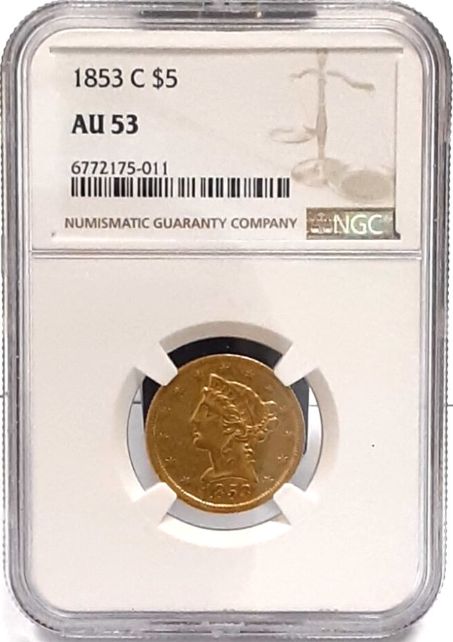 1853 Charlotte Mint $5 Liberty Gold Half Eagle NGC AU-53 Certified Scarce Coin: 1853 Charlotte Mint $5 Liberty Gold Half Eagle NGC AU-53 Certified Scarce Coin This 1853-C Liberty Head $5 Half Eagle gold coin was minted at the Charlotte Mint and is composed of gold with a fineness