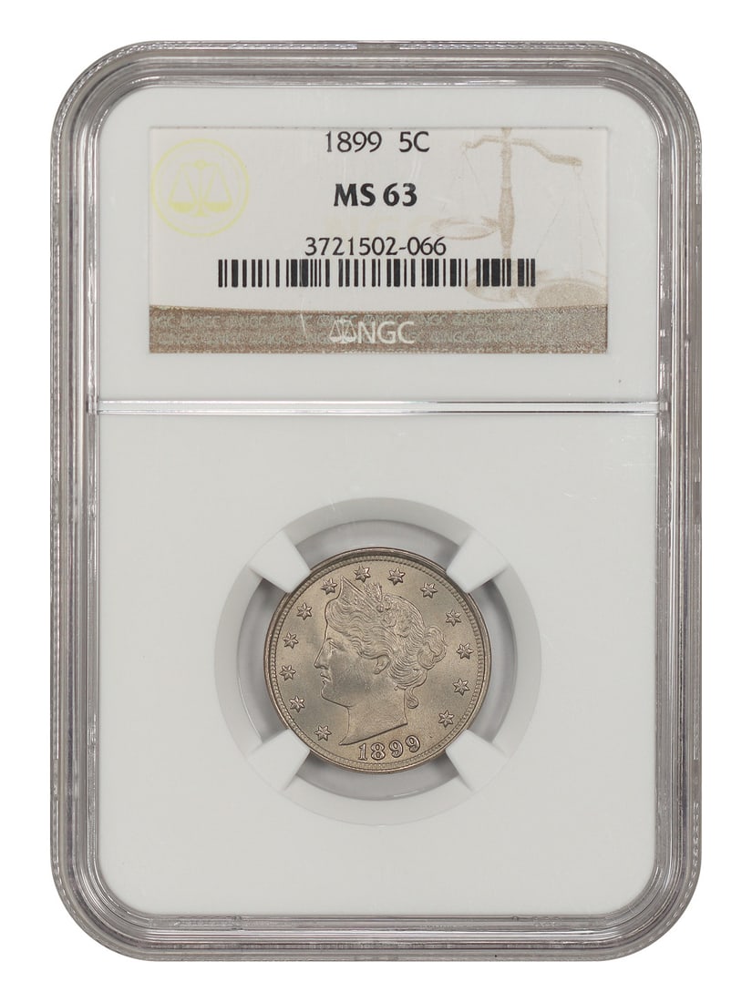 NGC MS63 1899 Liberty Nickel 5C: NGC MS63 1899 Liberty Nickel 5C An 1899 Liberty Nickel graded MS63 by NGC. This uncirculated 5C coin was minted in Philadelphia and is certified with certification number 3721502066. Condition is pre-