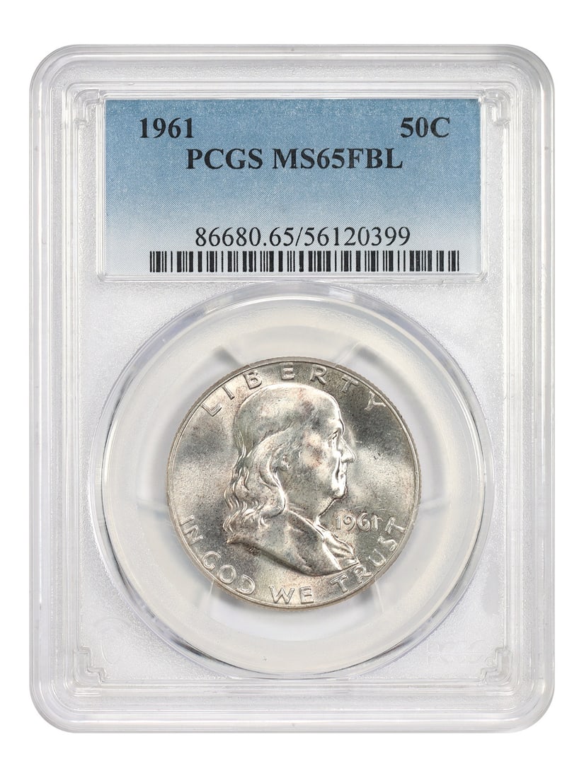 PCGS MS65FBL 1961 Franklin Half Dollar 50C: PCGS MS65FBL 1961 Franklin Half Dollar 50C Uncirculated 1961 Franklin Half Dollar graded PCGS MS65FBL. This 50C coin is from the Philadelphia mint and is identified as part of the Franklin Half Dollar