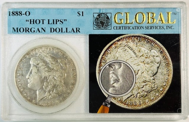 1888 New Orleans Hot Lips Silver Morgan Dollar in Global Holder: 1888 New Orleans Hot Lips Silver Morgan Dollar in Global Holder This 1888 O Morgan Silver Dollar features the distinctive 'Hot Lips' variety. Minted in New Orleans, this pre-owned silver dollar comes 