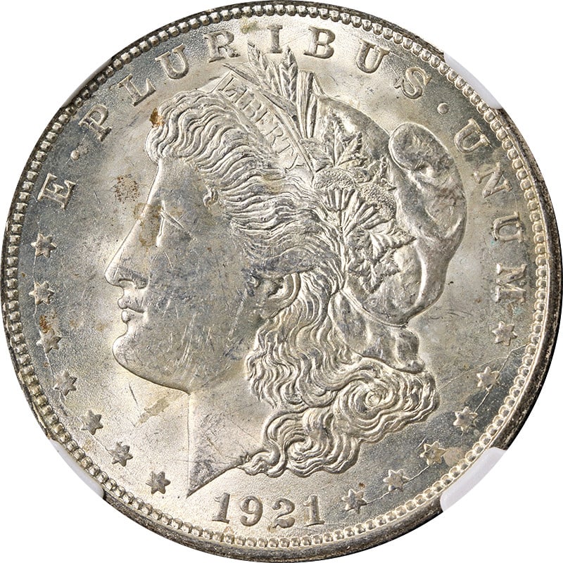 NGC MS64 1921 Philadelphia Morgan Dollar with Subtle Toning: NGC MS64 1921 Philadelphia Morgan Dollar with Subtle Toning This 1921-P Morgan Silver Dollar is graded MS64 by NGC and features light toning. Certified as uncirculated, it is composed of silver with a