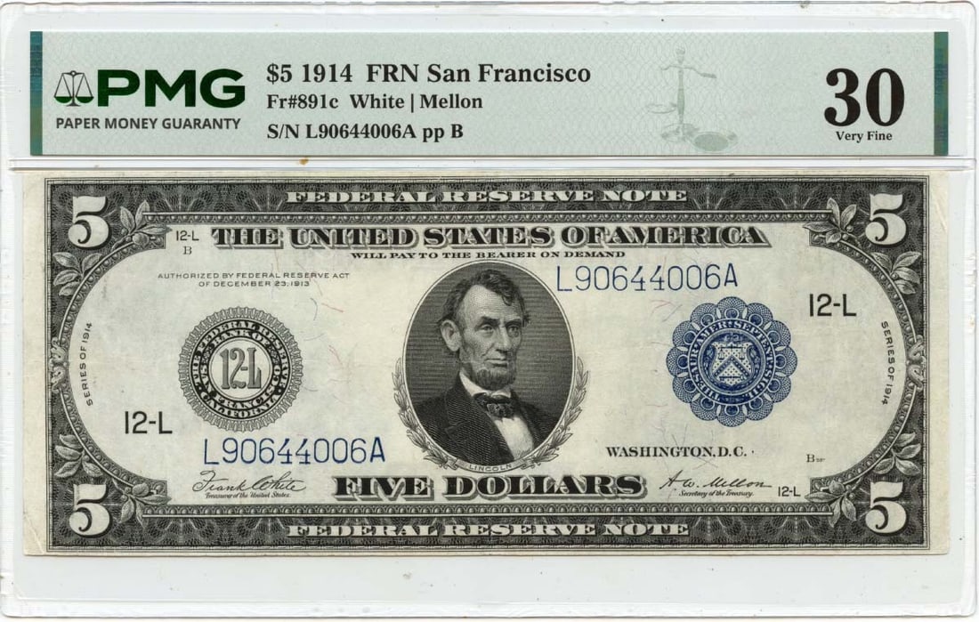 1914 San Francisco $5 Federal Reserve Note PMG VF30 FR#891c (1 of 2)