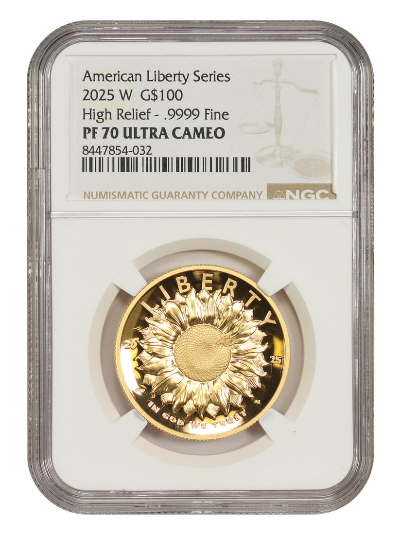 NGC PR70DCAM 2025-W $100 American Liberty High Relief Gold Coin: NGC PR70DCAM 2025-W $100 American Liberty High Relief Gold Coin 2025-W $100 American Liberty High Relief gold coin certified by NGC as PR70DCAM. It is an uncirculated West Point issue with one ounce o