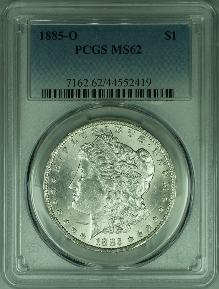 1885-O Morgan Silver Dollar Coin PCGS MS-62 Uncirculated: 1885-O Morgan Silver Dollar Coin PCGS MS-62 Uncirculated This 1885-O Morgan Silver Dollar Coin is a remarkable piece of numismatic history from the United States. Graded MS 62 by PCGS, it showcases th