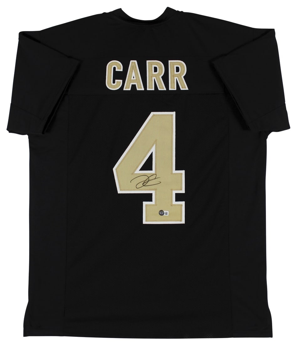 Derek Carr Signed Black Pro Style Jersey New Orleans Saints BAS Authenticated: Derek Carr Signed Black Pro Style Jersey New Orleans Saints BAS Authenticated This authentic black pro style jersey has been personally signed by Derek Carr, the talented quarterback of the New Orlean
