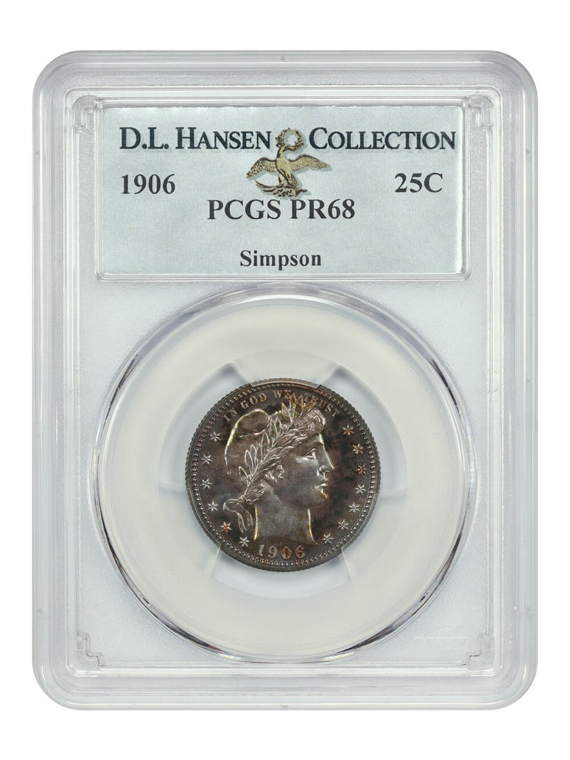 PCGS PR68 1906 Barber Quarter 25C: PCGS PR68 1906 Barber Quarter 25C 1906 Barber Quarter certified by PCGS and graded PR68. This uncirculated proof 25C coin is from the Philadelphia Mint and is noted as coming from a low mintage proof 