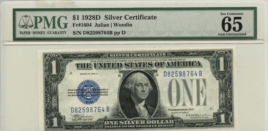 PMG Gem 65 EPQ 1928D $1 Silver Certificate Fr# 1604 Blue Seal: PMG Gem 65 EPQ 1928D $1 Silver Certificate Fr# 1604 Blue Seal This is a 1928D $1 Silver Certificate featuring a blue seal, designated Fr# 1604. Certified by PMG with a grade of Gem 65 EPQ, this uncirc
