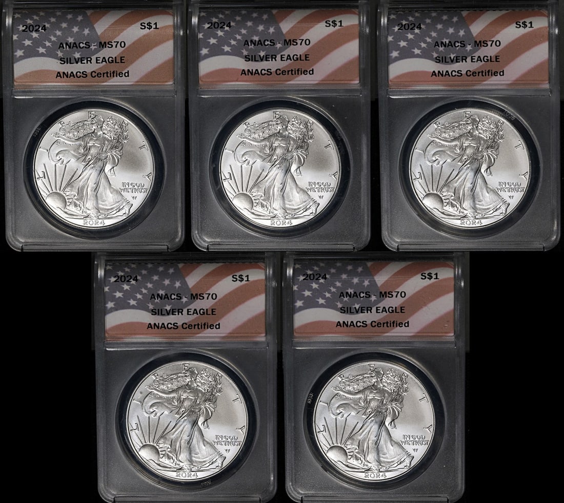 Set of 5 2024 Silver American Eagle Dollars ANACS MS70 Certified (1 of 2)